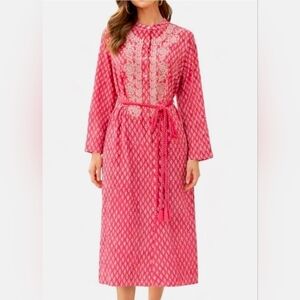 Ex Voto Ivy Caftan Raspberry Block Print Embroidered Rope Belt Midi XL NWT